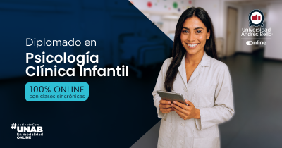 Banner promoting a 100% online Diploma in Child Clinical Psychology; smiling woman in a light blazer holds a tablet, UNAB Online branding visible.