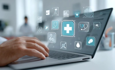 Close-up of hands typing on a laptop with holographic medical icons floating above the keyboard, including a blue medical cross symbol.