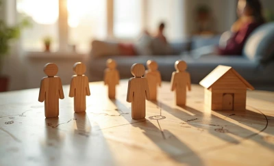 Wooden toy people gathered around a small wooden house model on a diagram-covered table in a sunlit living room