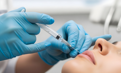 Clinician wearing blue gloves injects a syringe near a patient’s lips for a cosmetic lip filler procedure.