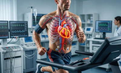 Man running on a treadmill with a transparent overlay of the heart and circulatory system in a medical lab setting.