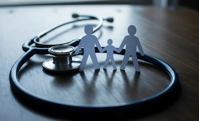 Stethoscope surrounding a paper cutout of a family (two adults and a child) on a wooden table, symbolizing family health care.