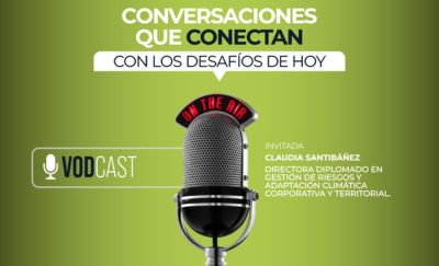 Green podcast poster for 'Conversations que conectan' with a vintage mic and 'On the Air' badge; guest Claudia Santibáñez, expert in risk management and climate adaptation.