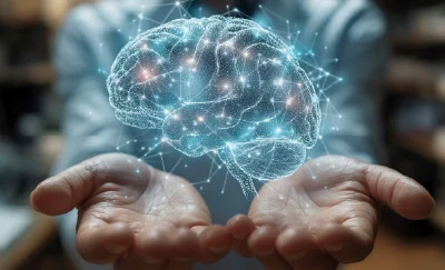 Cupped hands with a glowing digital brain above, symbolizing AI or neuroscience communication and care of brain tech.