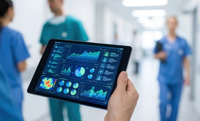 Hand holding a tablet with medical charts and graphs in a hospital hallway.