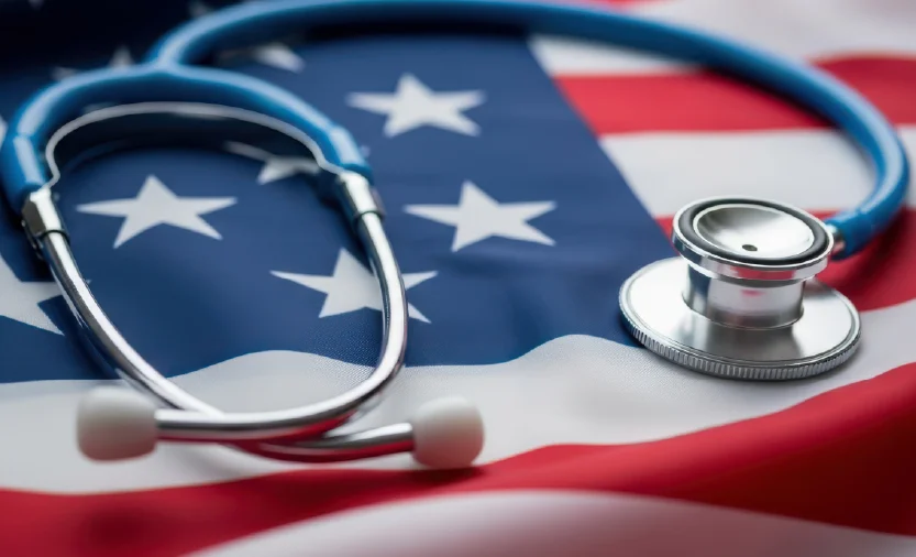 Stethoscope resting on an American flag, symbolizing healthcare in the United States.]